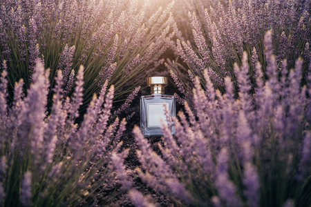 Perfume bottle with lavender flowers in the lavender field.の素材