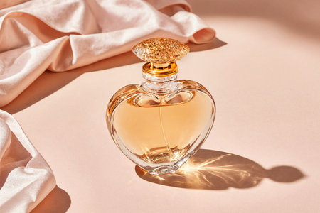 bottle of perfume on beige background with sunbeams and fabricの素材