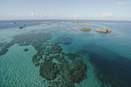 Aerial view of tropical island with turquoise water and coral reefの素材