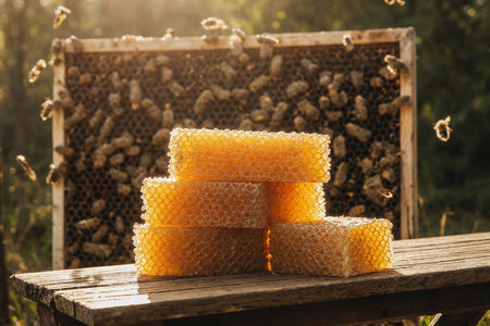 Honeycombs on wooden table in beekeeper's apiaryの素材