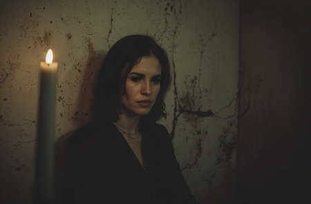 Portrait of a beautiful woman in a dark room with a candleの素材
