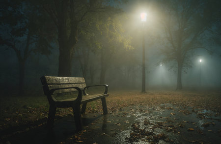 Wooden bench in the park at night with fog in the backgroundの素材
