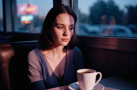 Portrait of a young woman sitting in a cafe and drinking coffeeの素材