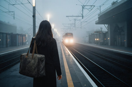 Young woman with bag waiting for train at railway station in foggy morningの素材
