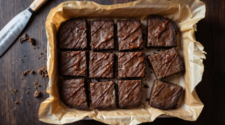 Homemade chocolate brownies on wooden background, top view, copy spaceの素材