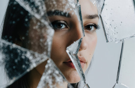 beautiful young woman looking at camera through broken glass, isolated on grayの素材