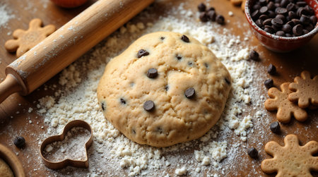 Cooking cookies in the shape of a heart on a wooden backgroundの素材