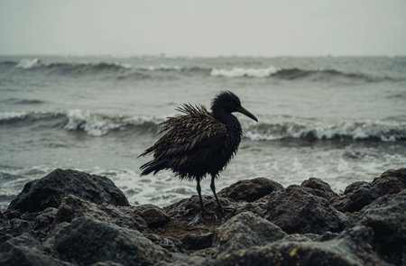 black bird on the rocks in the sea. photo as a background, digital imageの素材