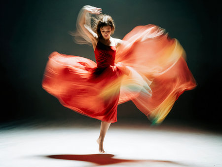 modern style dancer posing on studio background with red and orange light effectsの素材