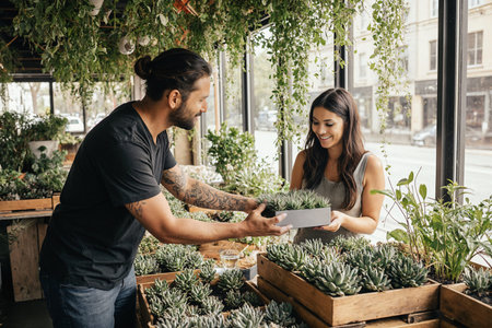 Beautiful young woman and man working in a flower shop with succulentsの素材