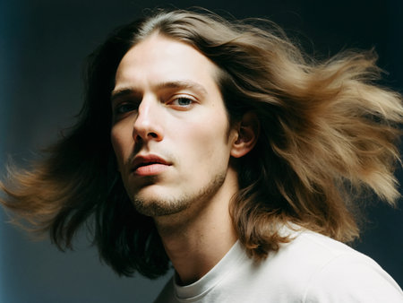 Portrait of young handsome man with long hair. Studio shot.の素材