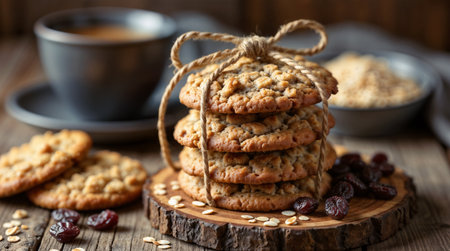 Oatmeal cookies with raisins and a cup of coffee.の素材