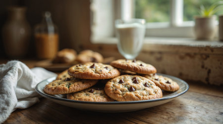 Chocolate chip cookies on a rustic wooden table with a cup of milkの素材