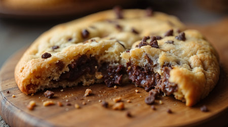 Chocolate chip cookies on a wooden plate, selective focus, shallow depth of fieldの素材
