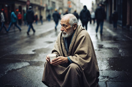 Portrait of an old man with a cup of coffee on the streetの素材