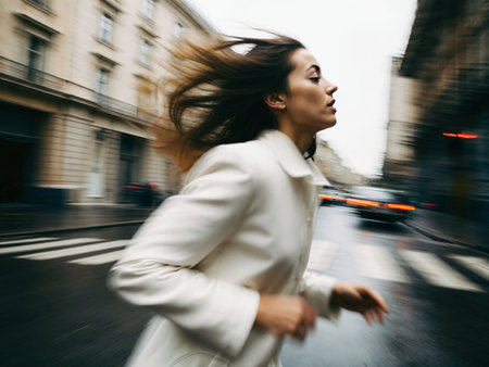 young pretty brunette woman in white coat on the city street, lifestyle people conceptの素材