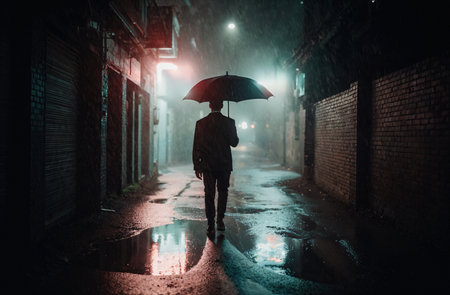 Man in raincoat with umbrella standing on the street at night.の素材