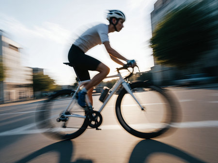 Cyclist in motion on the road (motion blurred image)の素材