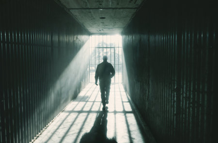 Silhouette of a man walking through a tunnel with light coming through itの素材