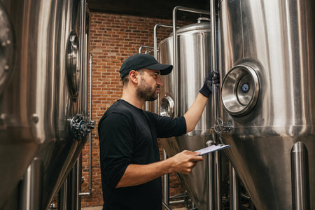 Brewer in cap and black uniform checking quality of beer in breweryの素材