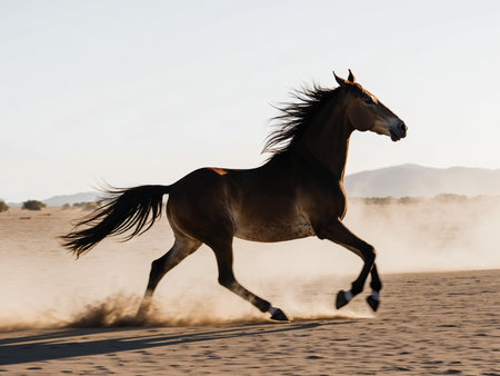 Horse running in the sand on a sunny day in the desertの素材