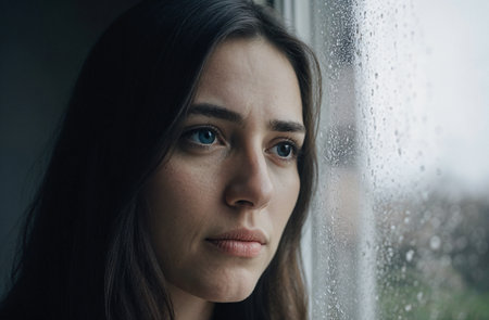 Sad young woman looking out the window in rainy day. Focus on eyes.の素材