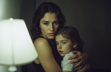 Mother and daughter in a dark room at night looking at the cameraの素材