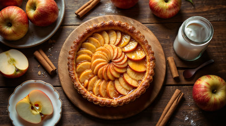Homemade apple pie on wooden background with fresh apples and cinnamon.の素材