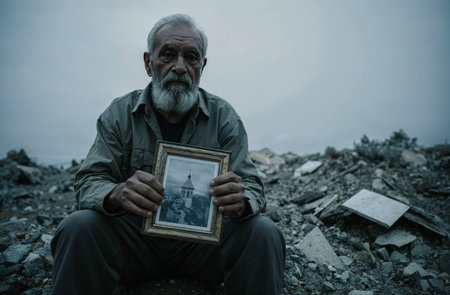 Portrait of a homeless man sitting on the ground in the mountainsの素材