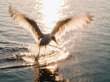 Great egret flying in the air over the water at sunset.の素材