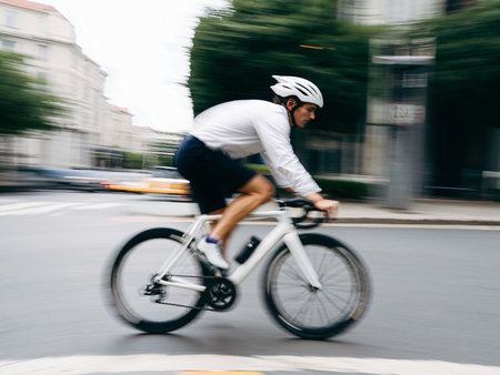 Cyclist in motion on a city street. Intentional motion blurの素材