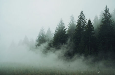 Foggy morning in the woods with coniferous trees.の素材