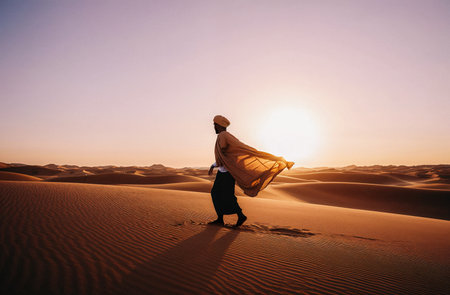 Arabian woman in the desert at sunset. Dubai, United Arab Emiratesの素材