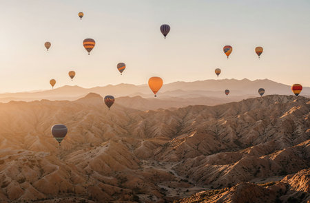 Colorful hot air balloons flying over the mountains in Cappadocia, Turkeyの素材