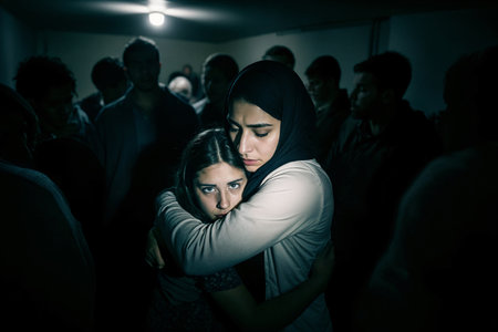 Portrait of young woman hugging her boyfriend in a dark room.の素材