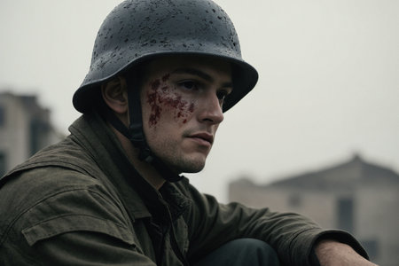 Member of Red Star military history club wears historical German uniform during historical reenactment of WWII in Chernigow, Ukraineの素材