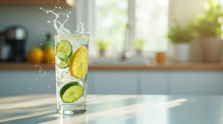 Glass of fresh lemonade with water splashes on table in kitchenの素材