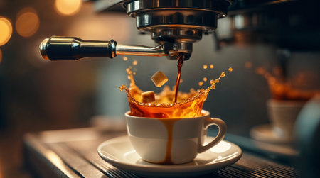 Close up of coffee machine pouring coffee into a cup with splashesの素材
