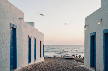 Sunset on the beach of Mykonos, Greece.の素材