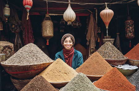 Indian woman selling spices on the street.の素材