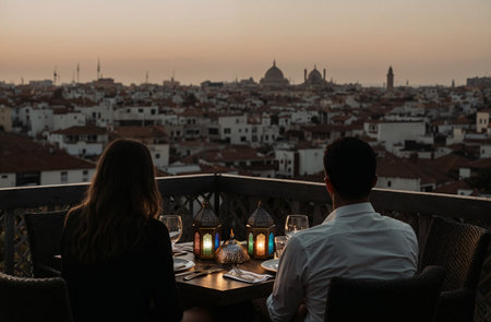 Man and woman are sitting on the terrace of a restaurant at sunset.の素材