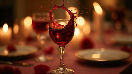Wine pouring into wine glass on table, closeup. Romantic dinnerの素材
