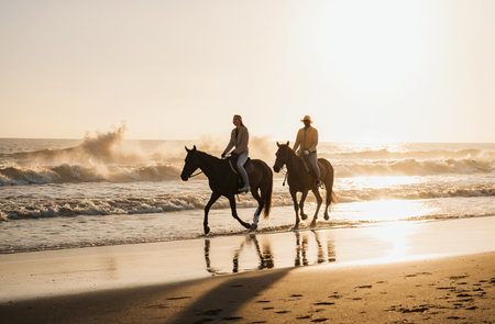Rear view of a young couple riding horses on the beach at sunsetの素材