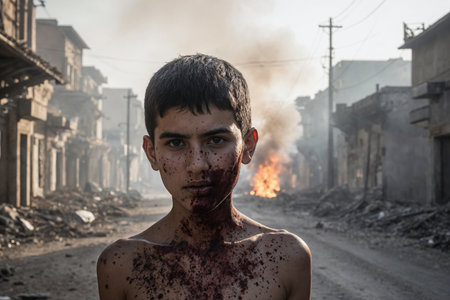 Portrait of a man with blood on his face and dirty faceの素材