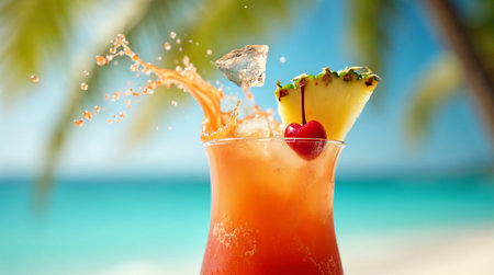 Pina colada cocktail with cherry and ice on tropical beach backgroundの素材