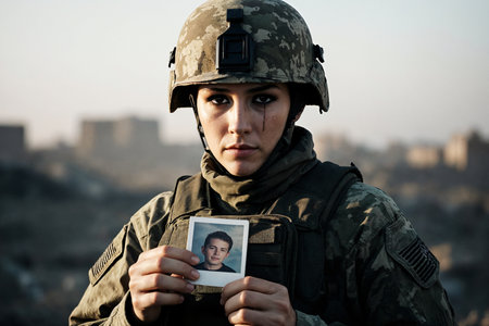 Portrait of young woman in military uniform with photo of her boyfriendの素材