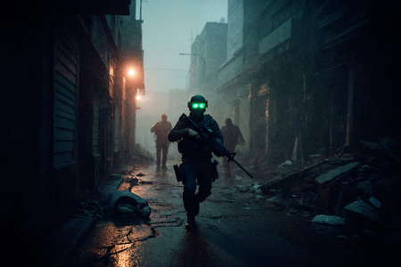 Anti-riot police give signal to be ready. Silhouette of a man in a gas mask against the background of the night city.の素材