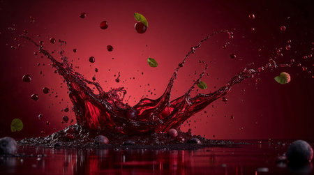 Fruit splashes and drops of juice on a red background.の素材