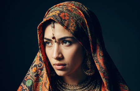 Portrait of a beautiful young woman in a headscarf.の素材