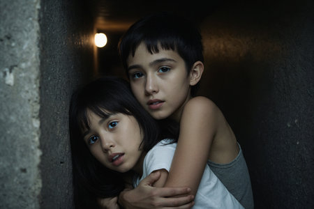 asian young boy and girl hugging in a dark room with lightの素材